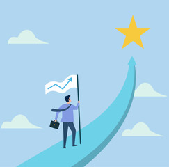 A business figure climbs a rising path toward a star, symbolizing ambition, growth, and the pursuit of professional excellence