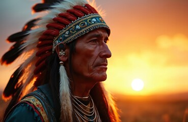 Obraz premium Native american man in traditional regalia with feathered headdress faces sunset. His face shows deep lines. Bokeh background adds depth to portrait of indigenous culture and heritage.