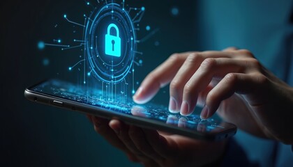 Futuristic digital security interface displayed on tablet. Hand interacts with glowing padlock icon, representing touch authentication for data protection. Cyber concept with encryption and privacy.