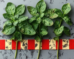 Three tomato plants with visible leaf damage, on a gray surface with a red and yellow measuring tape