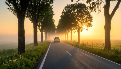 Sunrise road through a tree-lined avenue