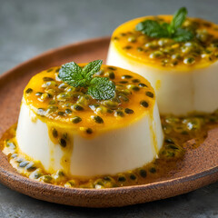 panna cotta topped with passionfruit sauce