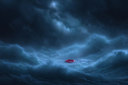 ocean storm art, realistic storm at sea with towering waves, torrential rain, stormy sky, lightning, and a bright red lifebuoy amidst chaotic waves