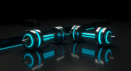 Pair of metallic dumbbells glowing with neon LED blue light, placed on reflective surface, futuristic cyberpunk style gym concept, no people.