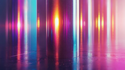 A vibrant, abstract scene featuring colorful reflective columns and lighting, creating a surreal and dynamic atmosphere.