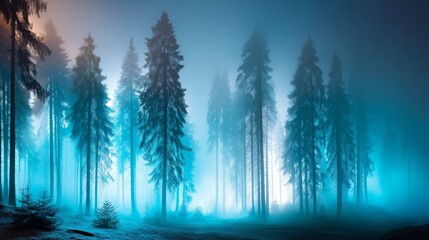 Misty blue forest with tall pine trees in surreal foggy atmosphere symbolizing mystical nature enchanted landscape and dreamy fantasy scenery, Generative AI