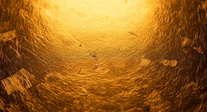 Golden textured surface, illuminated, showing a rich, metallic sheen, ideal as a backdrop for luxury or opulent designs, free space for text