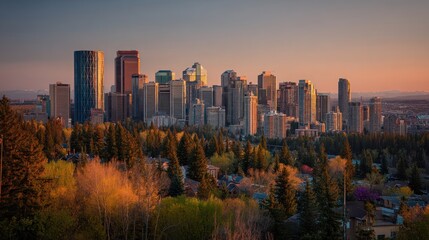 Fototapeta premium Calgary's urban landscape at sunset merging nature and architecture in a beautiful panorama