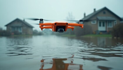 Orange drone flies low over flooded residential area. Aerial view captures submerged houses, waterlogged landscape. Technology used for surveillance, emergency response operations in disaster zones.