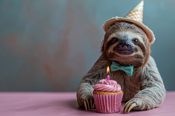 Sloth in party cone hat bowtie outfit, blows out the candle on the cupcake, isolated on solid pastel background advertisement, copy text space. Birthday Celebration Card