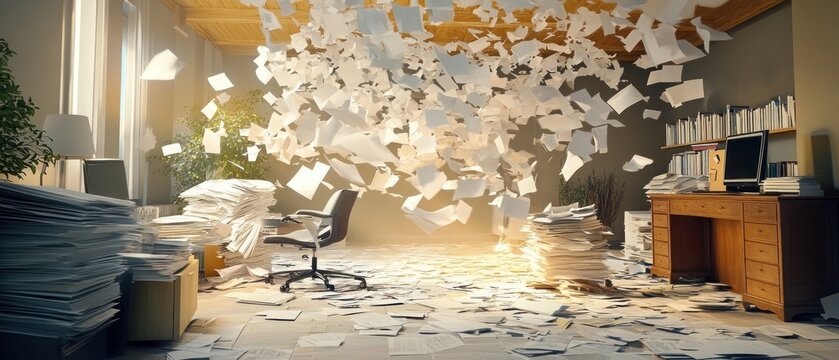 Chaotic office scene scattered paper documents overwhelm and workflow concept