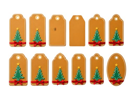 Festive christmas gift tags with decorated pine trees and red ribbon accents isolated on a plain surface ready for holiday gifting Tansparent Background