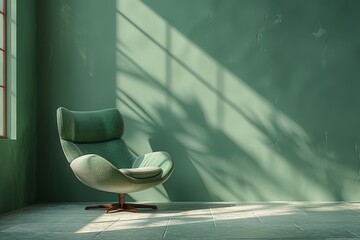 Green laconic chair on a green plain background. Minimalism. Space for text. Copy space