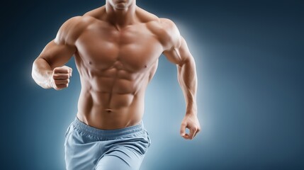 Fototapeta premium Strong athletic male runner with muscular torso and defined abs in sports shorts highlighting fitness training health lifestyle and athletic performance, Generative AI