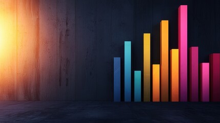 A vibrant bar graph rises against a dark background, symbolizing growth and progress, illuminated by a warm light from the left.