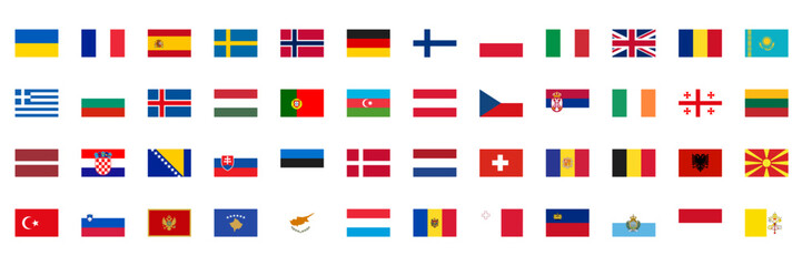 Set of European country flags icons in flat vector style. Includes national flags of Europe.