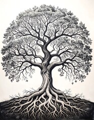 Detailed grayscale illustration of a large, ancient tree, with expansive roots