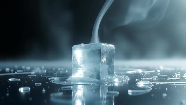 Ice cube melting on reflective surface, releasing vapor for dramatic effect. Melting ice cube shows physical state transition, as water changes from solid to liquid to gas, creating ethereal smoke.