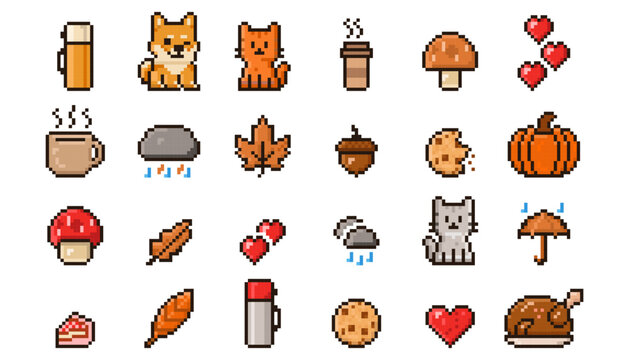 Cozy Autumn Pixel Art Collection Icons. Leaves, Pumpkin, Coffee, Mushrooms, Cat, Umbrella etc.
