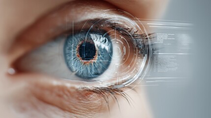 Closeup futuristic human eye with biometric scanning interface symbolizing digital security advanced technology vision and medical research innovation, Generative AI