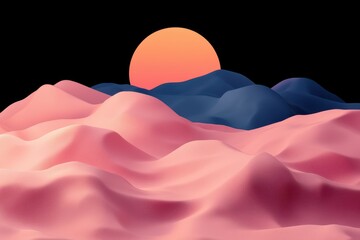 A serene landscape featuring soft, undulating hills in pink and blue hues, illuminated by a warm sun against a dark backdrop.