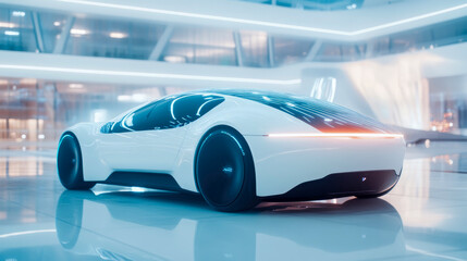 Obraz premium Sleek white futuristic electric concept car with glowing blue accents and orange taillights in high-tech modern showroom with reflective floors and cool lighting