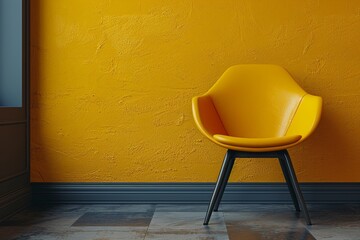 Yellow laconic chair on a yellow plain background. Minimalism. Space for text. Copy space
