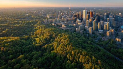 Fototapeta premium Toronto's urban landscape blends harmoniously with the lush greenery of a sprawling park at sunrise
