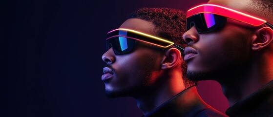 Two individuals wearing futuristic sunglasses with vibrant colors, set against a dark background, exuding a modern and stylish vibe.