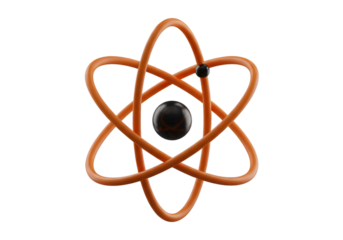 Abstract atomic structure model with glowing orange orbiting electrons and dark nucleus science and technology concept imagery Tansparent Background
