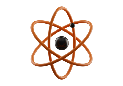 Abstract atomic structure model with glowing orange orbiting electrons and dark nucleus science and technology concept imagery Tansparent Background
