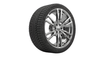 Close-up of a shiny new car tire and alloy wheel on a dark surface showcasing tread and rim detail perfect for automotive themes Tansparent Background