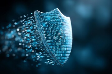 Futuristic shield made of binary code particles symbolizing cybersecurity, digital protection and virtual defense concept in glowing abstract technology design, Generative AI