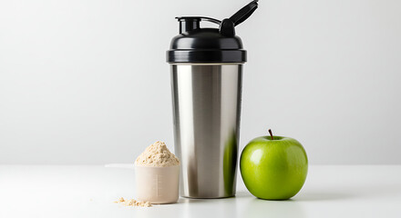 Protein shaker, measuring scoop of whey powder, and fresh green apple on a clean white surface, balanced composition representing nutrition and fitness together, no people.