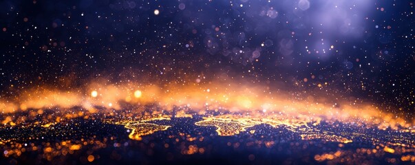 A stunning depiction of Earth at night, illuminated by city lights, set against a cosmic backdrop of stars and shimmering particles.