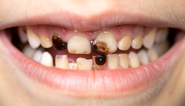 Child's mouth with decayed teeth.  Dark brown spots and damage visible on multiple teeth