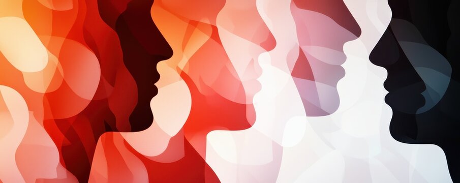 Abstract artwork featuring layered, colorful silhouettes of faces, creating a dynamic interplay of shapes and hues.