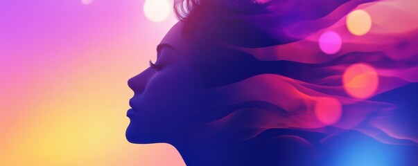 A vivid silhouette of a woman with flowing hair, set against a colorful, dreamy background of purples, pinks, and soft lights.
