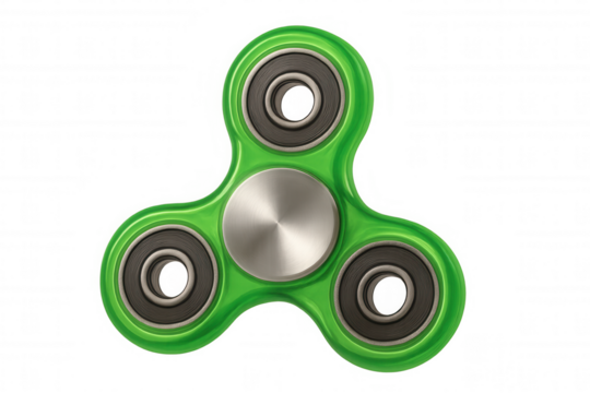Green fidget spinner toy rotating, isolated on transparent background, perfect for stress relief and concentration