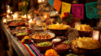Fototapeta premium A festive Cinco De Mayo party set up with traditional Mexican food spread (2)