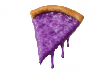Dripping purple glaze covering cheesy pizza slice, floating against transparent backdrop for culinary design needs