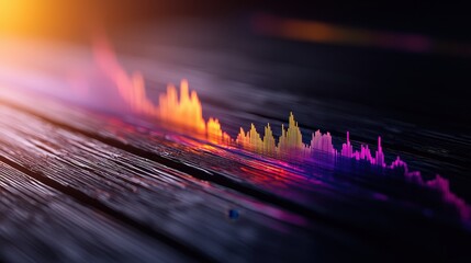 An abstract representation of sound waves in vibrant colors over a textured surface, conveying depth and rhythm.