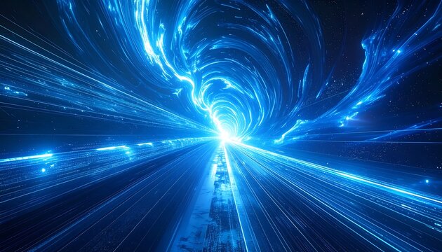 A glowing blue tunnel with swirling energy and streams of light, leading to a bright, radiating center