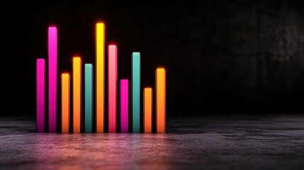 A vibrant bar graph with colorful vertical bars set against a dark background, representing data visualization and analysis.