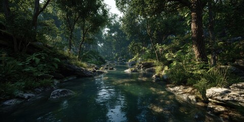 Obraz premium Serene River Flowing Through Verdant Forest Landscape