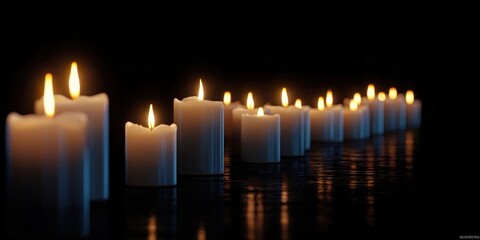 Serene Row of Burning Candles in Darkness Creating a Warm Atmosphere
