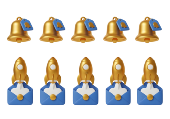 Collection of five golden festive bells and five golden space rockets with blue accents ready for celebration and exploration Tansparent Background