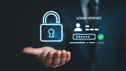 Digital Security: A glowing digital padlock and login verification interface hover over an outstretched hand.