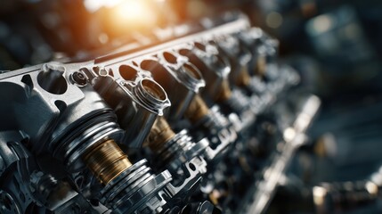 Detailed close up of a modern engine cylinder head showcasing intricate metalwork