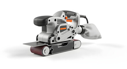 Electric belt sander with ergonomic handle and dust collection bag, designed for smoothing and finishing wood surfaces efficiently; ideal for woodworking, carpentry, and home renovation projects.